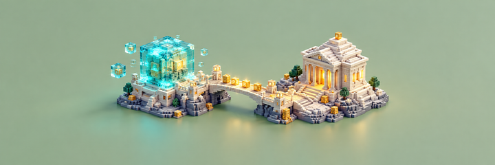 Puente voxel entre un registro translúcido y un edificio institucional sobre fondo verde suave.