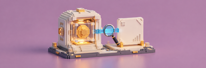 Moneda custodiada conectada a un recibo bajo una lupa, en una maqueta voxel lavanda.